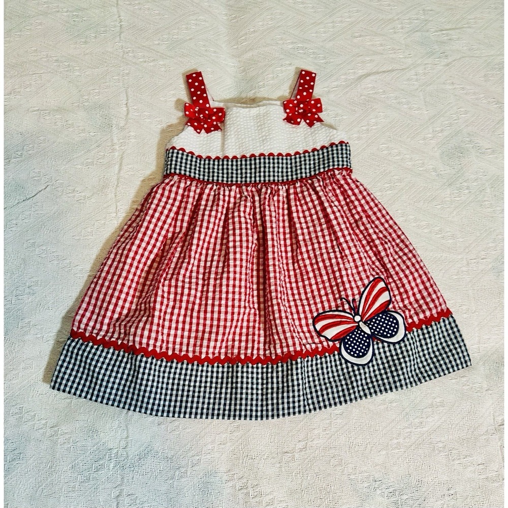 Emily Rose Girl's Butterfly Seersucker Dress Plaid Block Red White Blue Size 4T